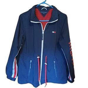 Tommy Hilfiger Womens Windbreaker Jacket Hooded Full Zip Drawstring Navy‎ Sz L